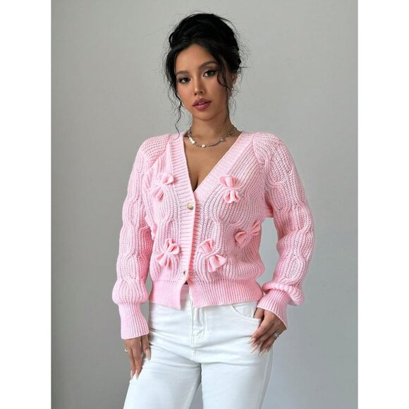 Women's Cropped Knit Cardigan Pink Large Button Open Front Cozy Sweater - Picture 6 of 8